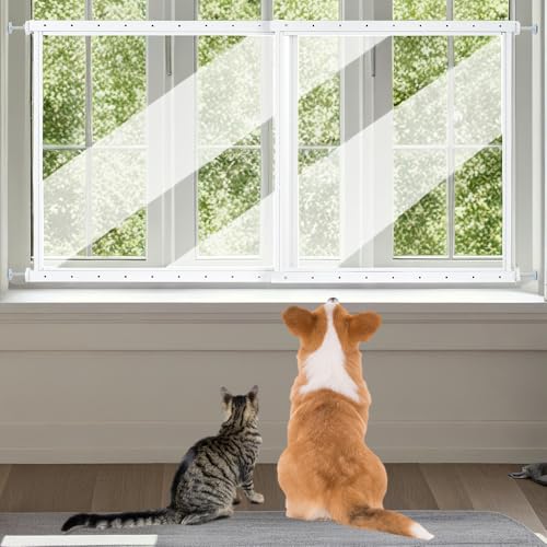 beeNbkks Pet Window Safety Guards Clear Acrylic Safer Than Bars Window Guards for Dogs Cats Pressure Mounted Safety Pet Barrier with Metal Frame Adjustable 32 to 62 Wide 29 Tall Indoor Use