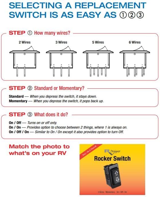 RV Designer S731, Push Button Switch, 10 Amp, On / Off, SPST, 4.5 inch Leads