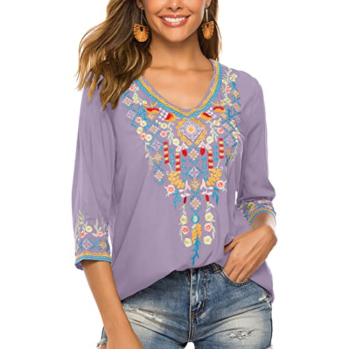 AK Women's Embroidered Tops 3/4 Sleeve Traditional Mexican Shirts for