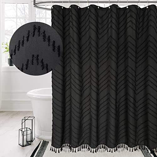 Tisukapy Boho Shower Curtain Black Tassle Modern Farmhouse Woven Fabric Shower Curtain Shabby Chic Chenille Textured Tufted Chevron Striped Minimalist Bathroom Shower Curtain #TOP1