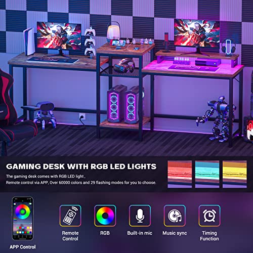 Unikito Double Computer Desk With Led Strip And Power Outlet, 2 Person Desk With Monitor Stand And Storage, Ergonomic Computer Desk With Printer Stand For Home Office, Long Gaming Desk, Rustic Brown #TOP3