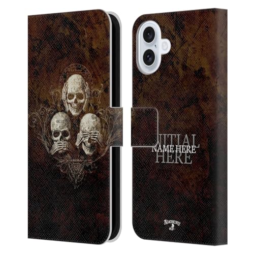 Coque iPhone 16 Plus Alchemy Gothic portefeuille personnalisé avec cuir et motif Three Skull