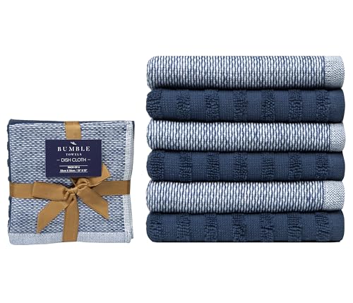 Image of Bumble Premium Dish Cloths 13 inchx13 inch (6 Pack) | 100% Natural Ring Spun Cotton | 400 GSM | Highly Absorbent & Soft |Yarn Dyed & Solid Dyed Terry Dish Cloth Set - Blue