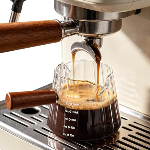 DWTS DANWEITESI Espresso Cups: Coffee Bar Accessories and Espresso Accessories - 6oz Glass Measuring Cup - Double Spout Expresso Shots Cup - Double Espresso Cups with Wood Handle 1Pcs