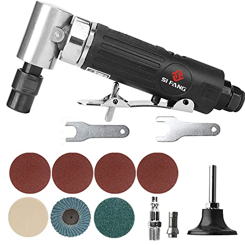 SI FANG Right Angle Air Die Grinder Kit, 90 Degree Compressed Die Grinder with 50mm Roll Lock Sanding Discs Mix Polishing Set, 20,000 RPM Professional 1/4´´ Mini Pneumatic Sander Polisher Grinding Tool