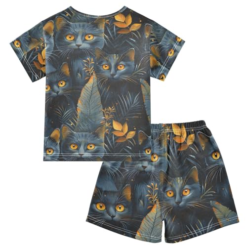 ALAZA Cat Kitten Leaves Magic Pajamas Short Sleeve 2 Piece Sleepwear Top and Bottom Pajama Set Unisex2