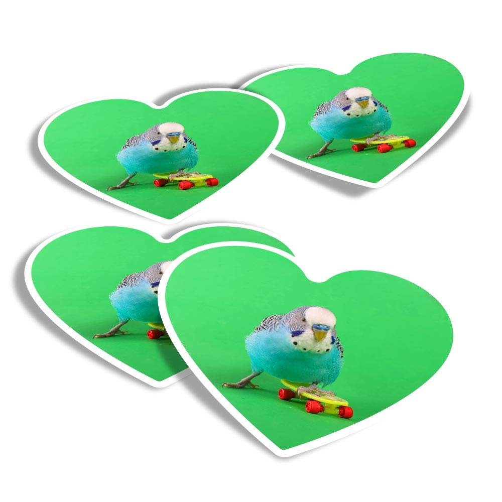 Destination Vinyl Ltd Multi Vinyl Heart Stickers (Set Of 4) - Budgie Skateboard Parrot Bird Fun Decals For Laptops,Tablets,Luggage,Scrap Booking,Fridges #44482