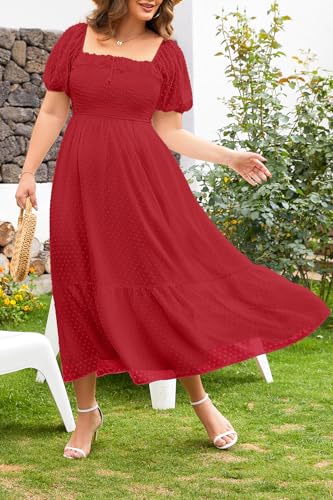 Image of Plus Size Summer Dresses - Swiss Dot Smocked Square Neck Puff Sleeve Boho Maternity Maxi Dress for Baby Shower Wedding Guest