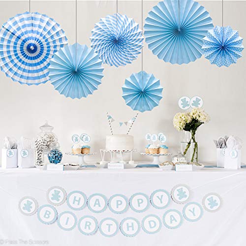 Hanging Paper Fans Party Set, Round Pattern Paper Garlands Decoration for Birthday Baby Boy Shower Graduation Bachelorette, Set of 6 (Blue) - Thumbnail 5