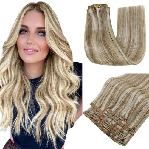 RUNATURE Human Hair Extensions Ash Brown Highlight Blonde Clip in Hair Extensions Real Human Hair Blonde 10 Inch 80 Gram 7pcs