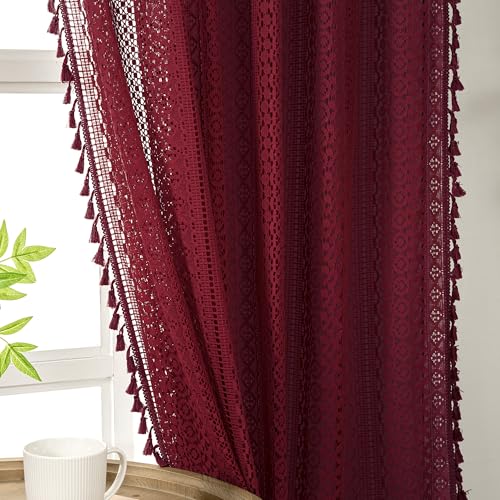 Burgundy Sheer Curtains 63 Inches Long 2 Panel Cotton Blend Crochet Lace Curtain Tassel Rod Pocket Design Semi Sheer Light Filtering Boho Curtains for Bedroom Living Room Window Drapes Dark Red