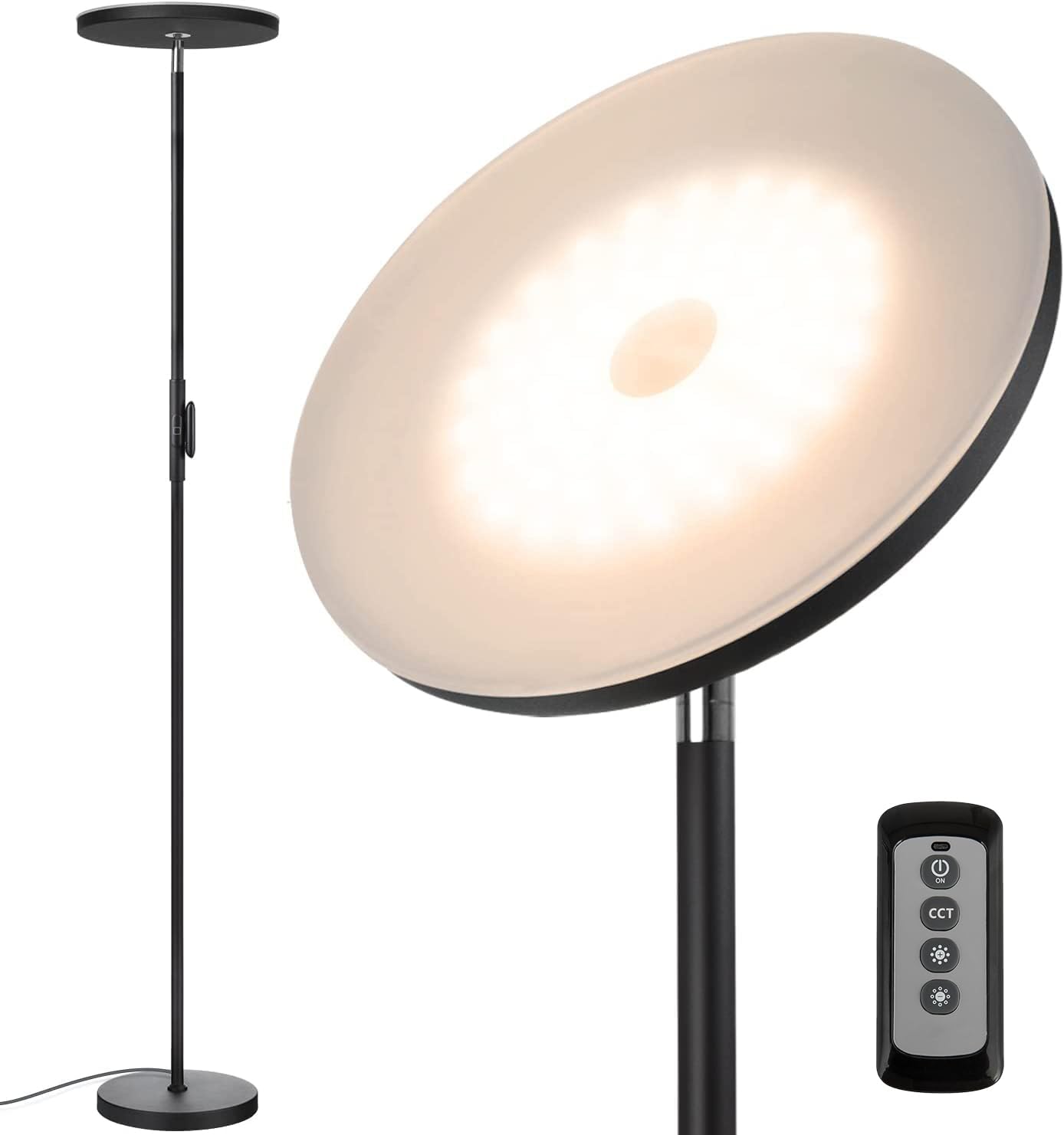 JOOFO 30W/2400LM Sky LED Modern Torchiere 3 Colors Super Bright High Light Pole Lamp with Remote Control Touch Control for Living Room Bedroom Office (Black)