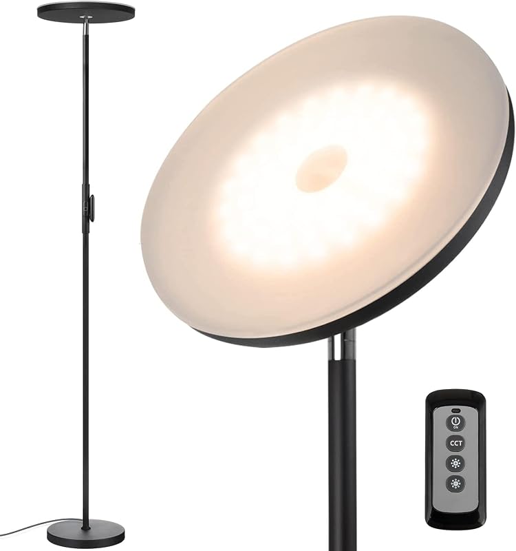 Lámpara de pie LED Torchiere con control remoto, regulable continuamente en negro | La iluminación vertical súper brillante llena techos y rincones oscuros para salas de estar, dormitorios, oficinas en el hogar, rincones de lectura y apartamentos.