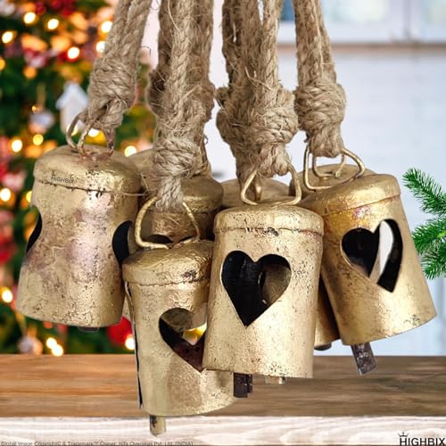 HIGHBIX Rusty Harmony Metal Bells 10 Pieces Vintage Handmade Rustic Lucky Christmas Hanging 2inch Bells on Rope (Heart Cylinder) - Thumbnail 5