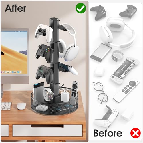 Kosker Soporte para Mando Mesa de Gran Capacidad con Cesta Giratoria, Universal Soporte Auriculares y Mando para PS5/PS4/Xbox/Switch/PC Accesorio, Colgador Cascos con Organizador de Cable, 4 Niveles - imagen 7