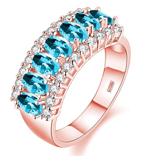 Uloveido Damen Roségoldbeschichteter Simulierter Ovalschliff Hellblauer Topasring, 7-Steine Zirkonia Hochzeitsring J501 (Hellblau, Größe 18)