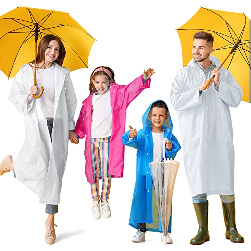 Ramede 4 Pcs Rain Ponchos Family Pack Reusable Eva Raincoat For Kids And Adults Emergency Waterproof Portable Poncho With Hood For Camping Hiking Outdoors, Clear Blue Pink #TOP12