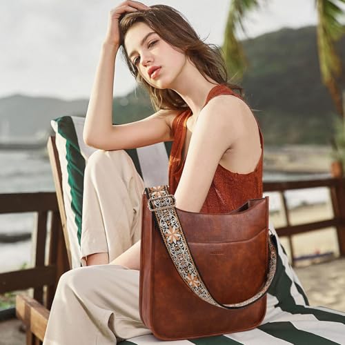 Image of HKCLUF Crossbody Bag for Women Vegan Leather Hobo Handbags Guitar Strap Purse Shoulder Bucket Bag with 2PCS Adjustable Straps