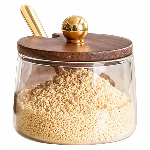 ANQIA Condiment Containers Set with Acacia Wood Lids and Tray Seasoning Box Condiment Pots Jars with Spoons for Spice Salt Sugar Cruet (Gold Top, Single without Tray)