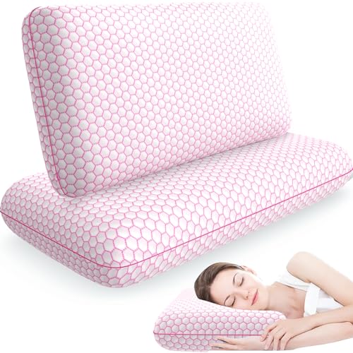 Memory Foam Pillows for Side, Back and Stomach Sleepers, Set of 2, Bed Pillow with Washable Cover and Breathable Mesh, Bed Pillow for Sleeping (Pink,Queen Size)