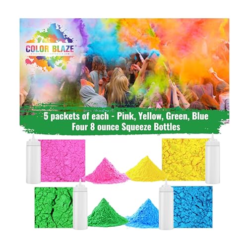 Color Blaze Color Powder Fun Pack - 20 Bags Total (5 Each of Pink, Yellow, Green & Blue) + 4 Squeeze Bottles - Perfect for Snowman Decorating, Color Fight, Photoshoots, Color War, Holi Festival!