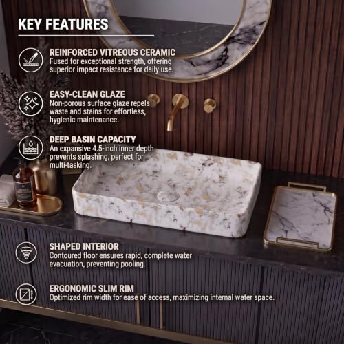 Image of Wash Basin Countertop | Tabletop Ceramic Bathroom Sink | Wash Basin Over Counter (Modern - White Gold 24 x 14 x 5 Inch)