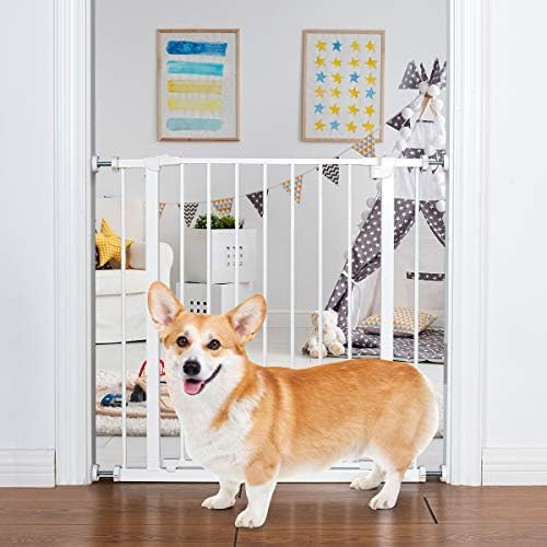 GYMAX Safety Metal Gate, 180° Two-Way Opening Dog Gate with 4 Pack Mount Kits & Wall Cups, Stair Fence for Pets, White