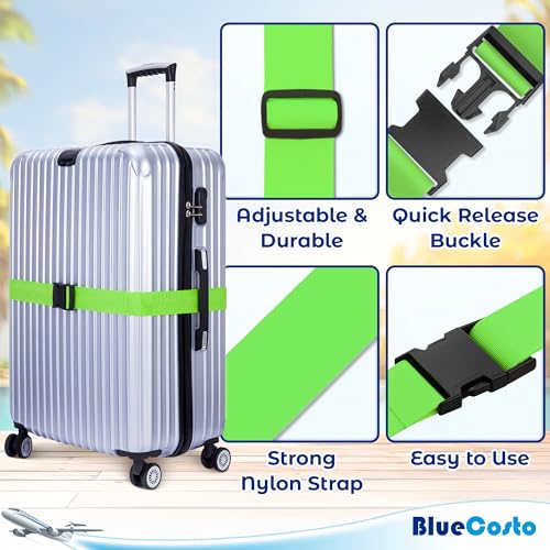 Image of Luggage Straps for Suitcases TSA Approved - Neon Green, 4 PK - Premium Nylon Belts for Suitcase, Briefcase & Travel Bag - Adjustable Strap Length 46 inch - 78 inch