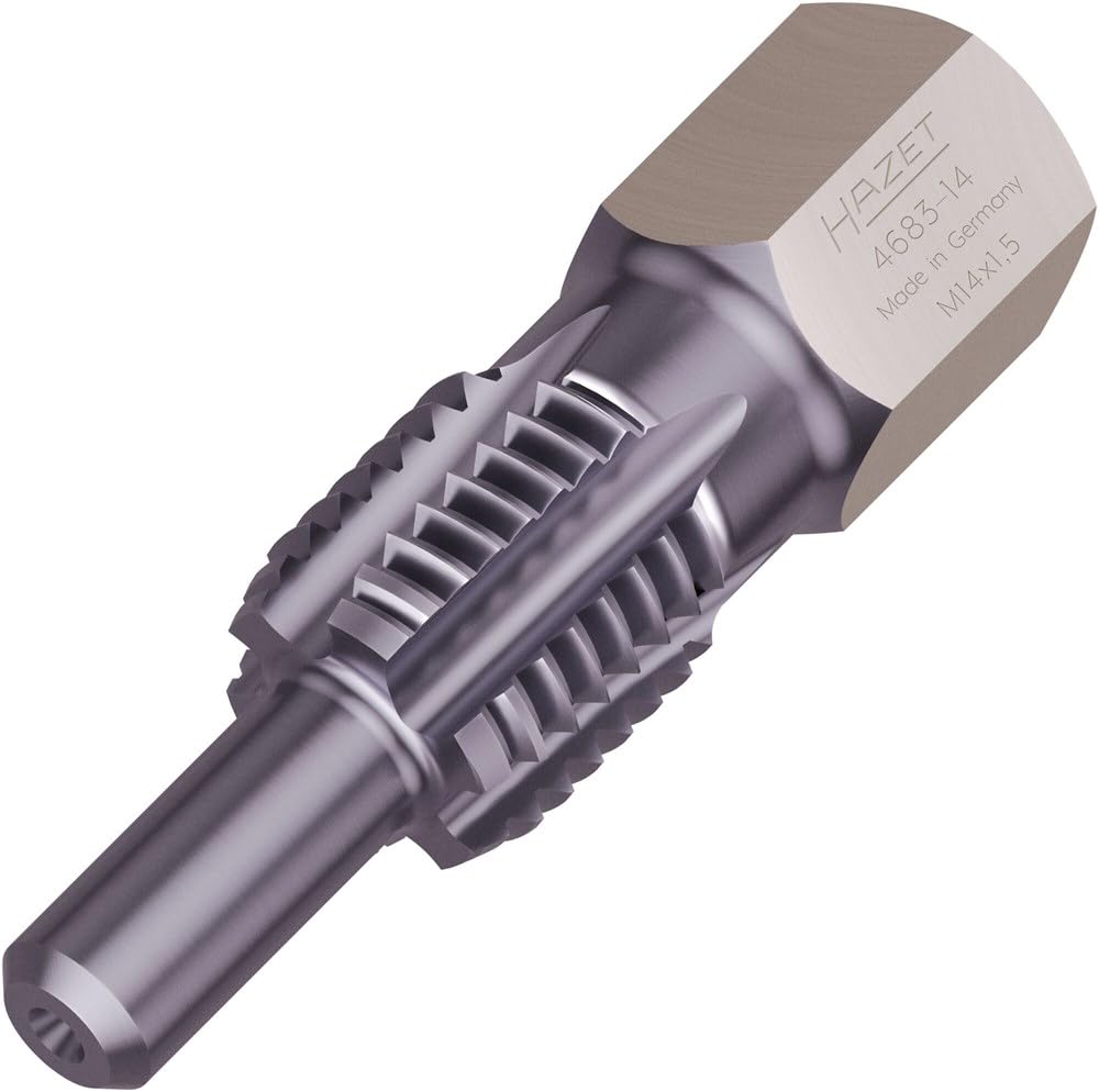 HAZET Gewinde-Nachschneider 4683-14, für Abgastemperatur-Sensoren, M14 x 1,5, 13 mm Außen-Sechskant, mit Führungsbolzen und Reinigungsnuten, TiAIN-Beschichtung, für MERCEDES, AUDI, VW