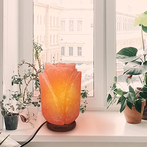 Nevlers Flower Shape Pink Himalayan Salt Lamp With Wood Base| 7-8 Lbs And 7"- 8" Tall Salt Rock Lamp With Dimmer Cord & Light Bulb| 100% Authentic Himalayan Pink Salt Lamp | Hand Crafted Salt Lamps #TOP3