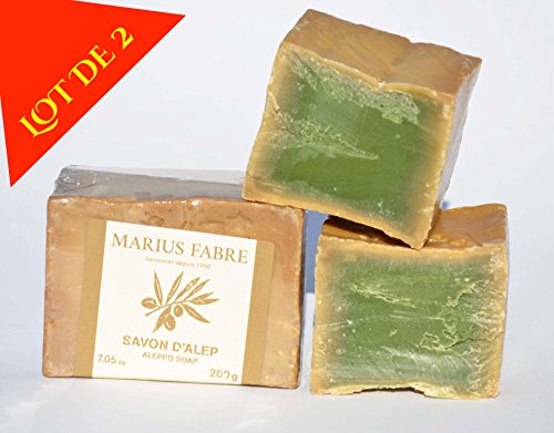 Marius Fabre - Savon d'Alep 200G - Lot de 2. Allie propriétés nourrissantes lavantes de l'huile d'olive et les vertus apaisantes et antiseptiques de l'huile de baies de laurier