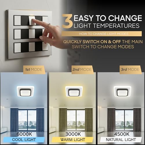 Image of 50W Modern LED Ceiling Light for Living Room, Flush Mount Chandelier Style Fixture, 3-Color Dimmable Surface Mount Lamp for Bedroom & Hallway (Square White)