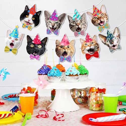 Image of Cat Faces Birthday Banner, Photographic Kittens Garland Party Decor | garland with 12 real photo cat face pennants, pre-strung; reusable cardstock; funny decor for cat lover parties
