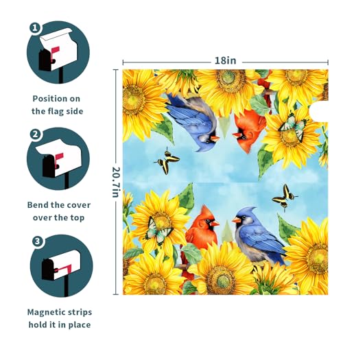Image of Welcome Spring Summer Cardinal Sunflower Mailbox Cover Magnetic Standard Size 21 inch x 18 inch Summer Floral Flower Birds Rustic Decorative Mailbox Covers Magnetic Post Letter Box Wrap Cover Outdoor Decor