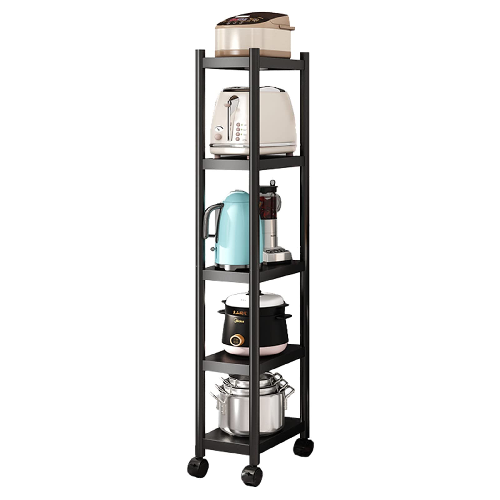 Scaffale da cucina largo 22 cm con ruote, carrello portaoggetti da bagno alto e sottile, scaffali in metallo per spazi stretti (Colore : Nero)