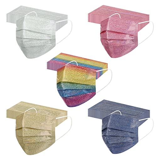 Glitzer Bunt 50 Stück Erwachsene Mundschutz Einweg 3-Lagig Maske Mund und Nasenschutz Bedeckung Staubdicht Atmungsaktiv Einmal MNS Tücher Glitzermasken Mund-Tuch Bandana Halstuch Schal Cocktail Party Cover