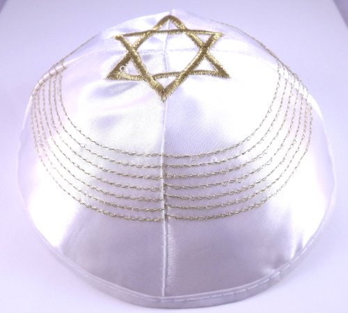 Star Of David Gold & White Satin Yarmulke Kippah 20 Cm Diameter #TOP1