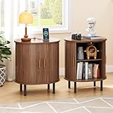 ONBRILL Oval End Table with Storage & Charging Station, Fluted Accent Side Table with Sliding Door & Adjustable Shelf, Mid-Century Modern Nightstand Set of 2 for Living Room, Bedroom, Walnut(2-Pack)