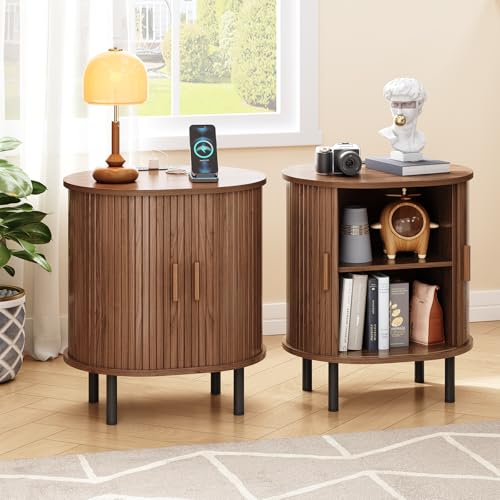 ONBRILL Oval End Table with Storage & Charging Station, Fluted