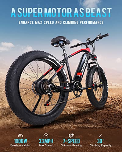 Tifgalop Electric Bike For Adults, 26" Fat Tire Electric Bike With 48V 18Ah Removable Battery, 1000W Adult Electric Bicycles, 33Mph Ebike, Hydraulic Front Fork Electric Moutain Bike #TOP1