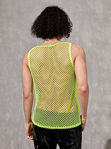 Wdirara Men's Hollow Out See Through Slim Fit Round Neck Knitted Solid Tank Top Lime Green S #TOP1