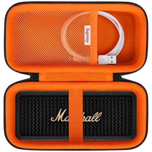 Supmay Funda rígida de transporte para altavoz Bluetooth portátil Marshall Emberton II/III, funda de protección de altavoz inalámbrico con bolsillo de malla para cable de carga USB-C, negro y naranja