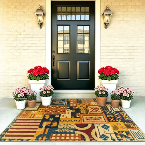 Quntue Easy Jute Front Porch Rug 3x5 Washable Farmhouse Patchwork Tan Rugs for Entryway Non Slip Southwestern Boho Indoor Outdoor Carpet for Patio, Kitchen, Bedroom, Entrance