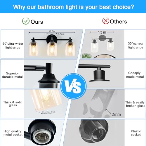 Image of Modern Black 4-Light Bathroom Vanity Light Fixtures with Clear Glass Shade - Wall Lamp for Mirror, Kitchen, Living Room, Hallway, Cabinet, Porch (E26 Base)