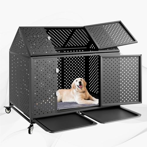54" Heavy Duty Dog Crate Large Dog cage Strong Metal Dog Kennels and Crates for Large Dogs Top Open with 2 Doors 4 Lockable Wheels 2 Removable Trays
