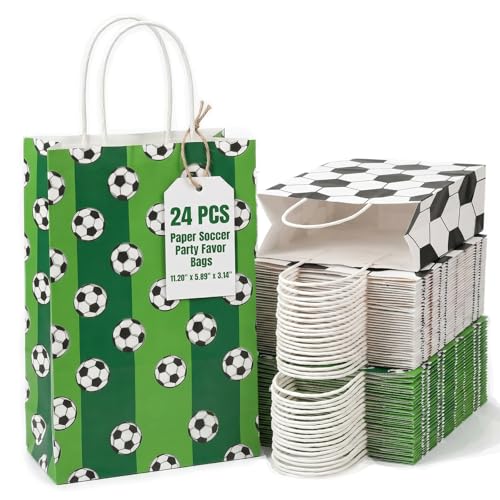 JOINPAYA 24 Pcs Football Party Gift Bags With Handles for Soccer Party Favors Kids Adults Sports Themed Treat Supplies for Candy Snacks Game Day Decorations Paper Football Goodie Bags