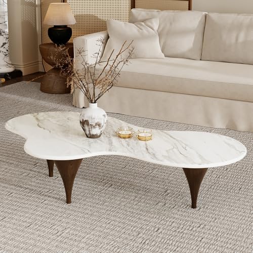 54.7' Irregular Modern Coffee Table Unique Wave-Shaped Design, Sintered Stone Living Room Table with Wood-Like Texture Metal Legs, Easy Assembly Cloud Tea Table for Living Room, Bedroom