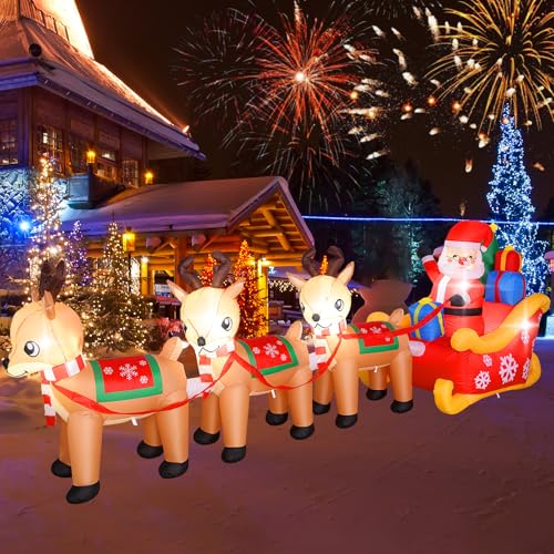 12Ft Christmas Inflatable Santa Sleigh And Reindeer Outdoor Decoration - Built-In Leds Santa Claus Deer Sled Christmas Blow Up Yard Decorations For Outside Garden Lawn Xmas Party