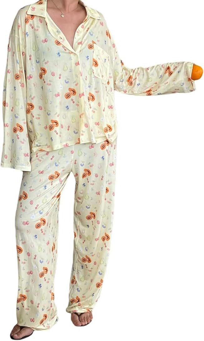 CreaionY2k Two Piece Pj Lounge Set Long Sleeve Floral Fruit Print Shirt Pajamas Wide Leg Pants Matching Sets 2 Piece Outfit