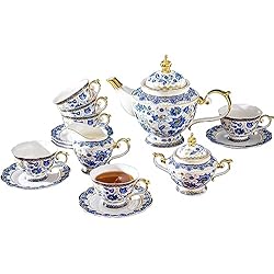 ACMLIFE Tea Set for Adults, Vintage Tea Sets, Bone China Tea Set, Tea Cup Set Porcelain Tea Set for 6, Floral Tea Cup Set With Teapot, 21 Pieces Tea Party Sets for Women Gift，Mother's Day (Blue)